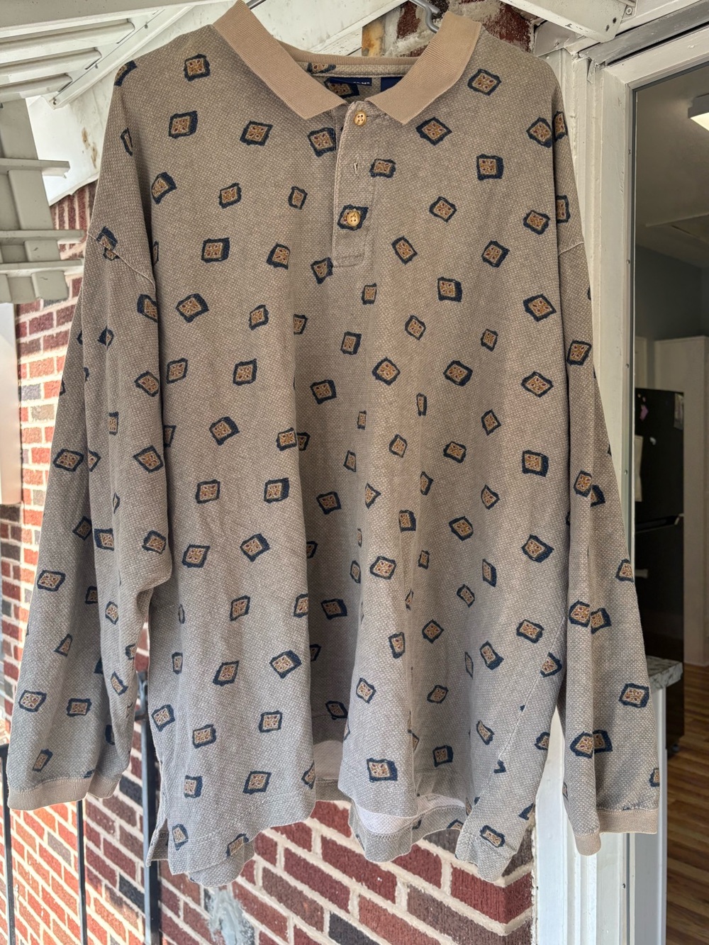 Vintage Puritan Men's Beige Patterned Long-Sleeve Polo Shirt size 3X